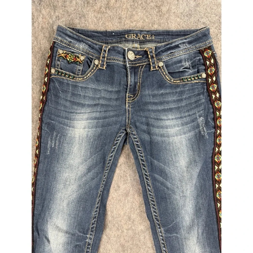 Grace In LA Jeans Women 27 Blue Denim Skinny Guitar Strap Southwest Native - Picture 2 of 11